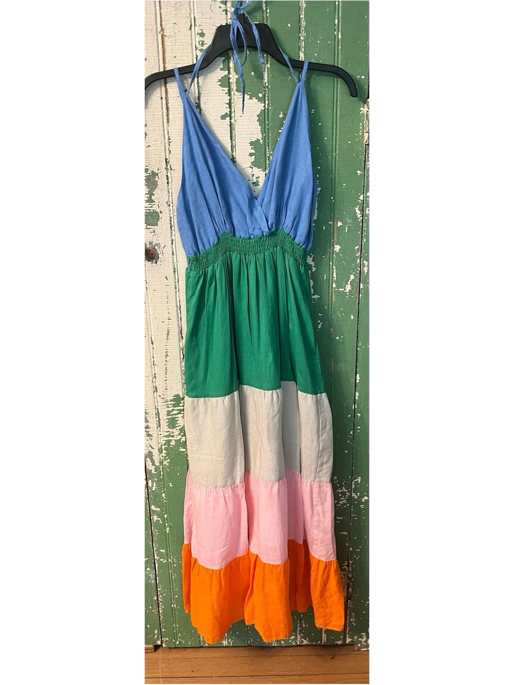 Vilagallo Linen Dress Colorblock Tiered Halter Maxi ~ Blue Green Pink Orange